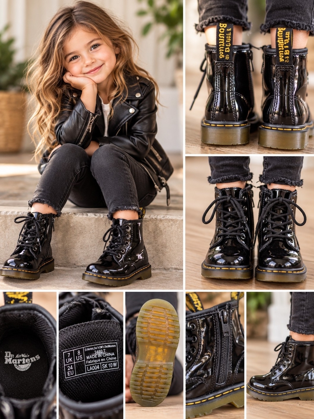 Dr. Martens Kids' Black Patent Leather Lace-Up Boots